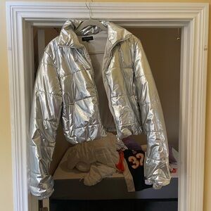 silver cropped puffer coat